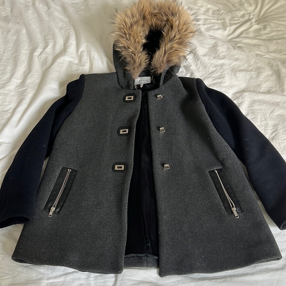 Sandro Gray and Black Wool Coat with Faux Fur Hood